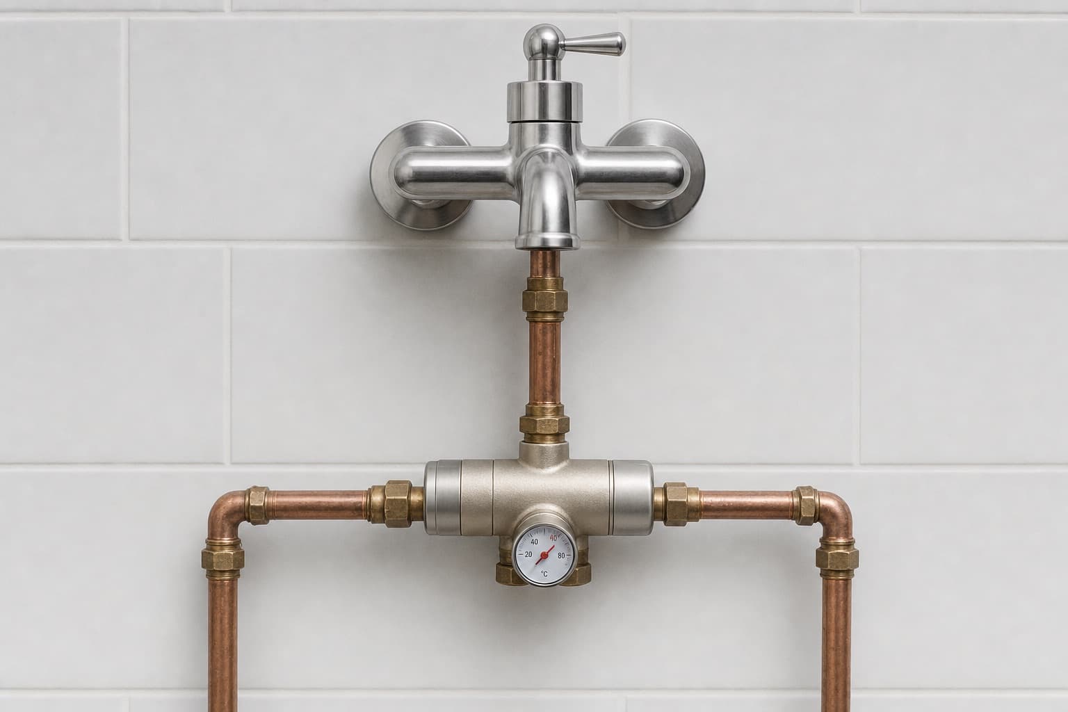 The same tap now fitted with a thermostatic mixing valve on the exposed copper pipework below