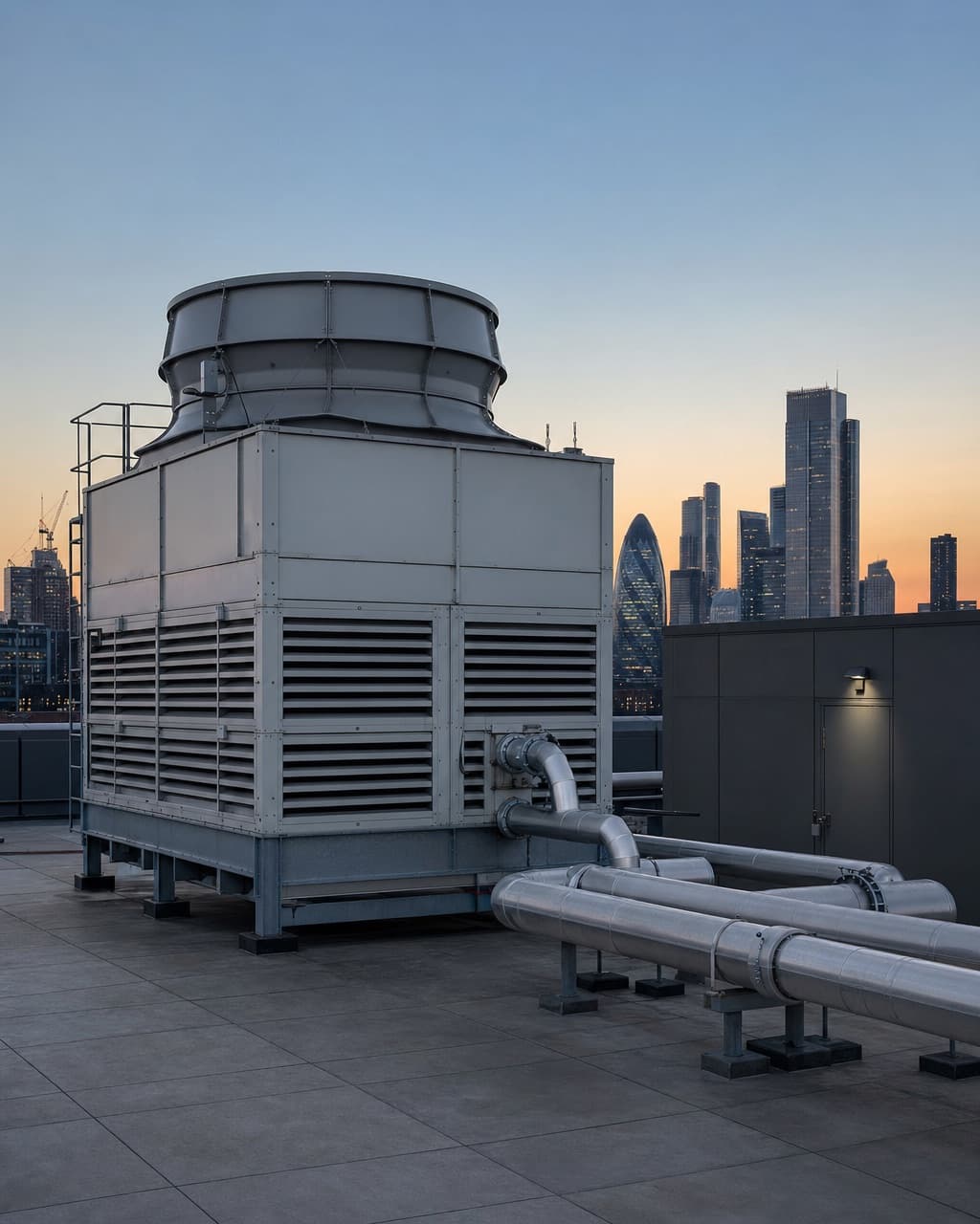 A large cooling tower on a flat commercial rooftop at dusk with condenser pipework running to a plant room