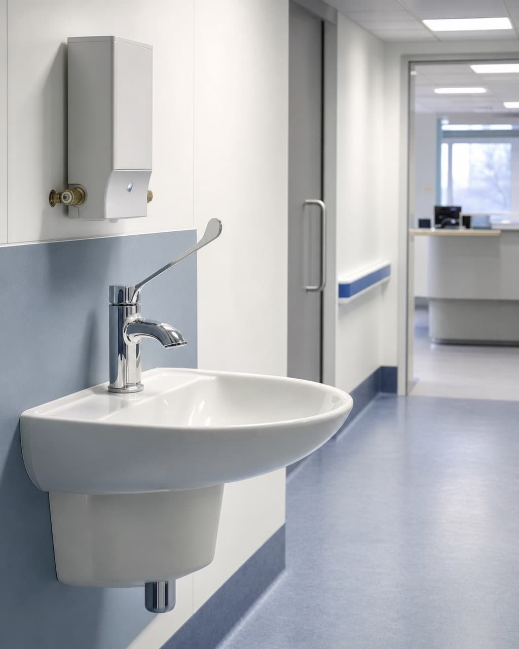 A hospital corridor handwash basin with a lever tap and a wall-mounted thermostatic mixing valve box