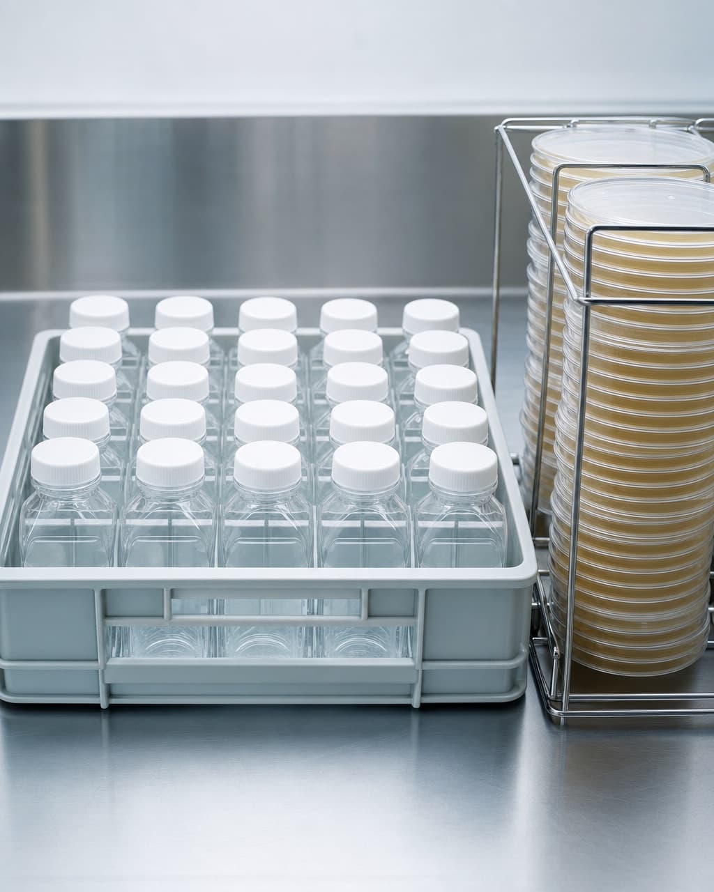 A crate of sterile clear sample bottles on a stainless laboratory bench beside a rack of agar plates