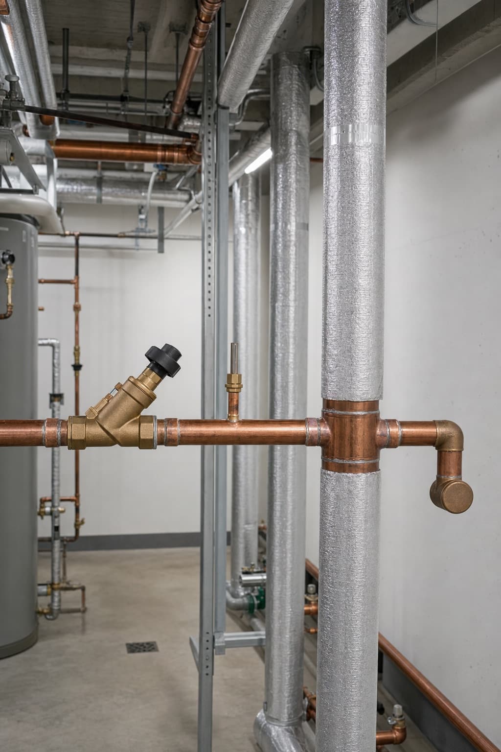 A commercial hot water recirculation loop with a balancing valve and a capped dead leg branch