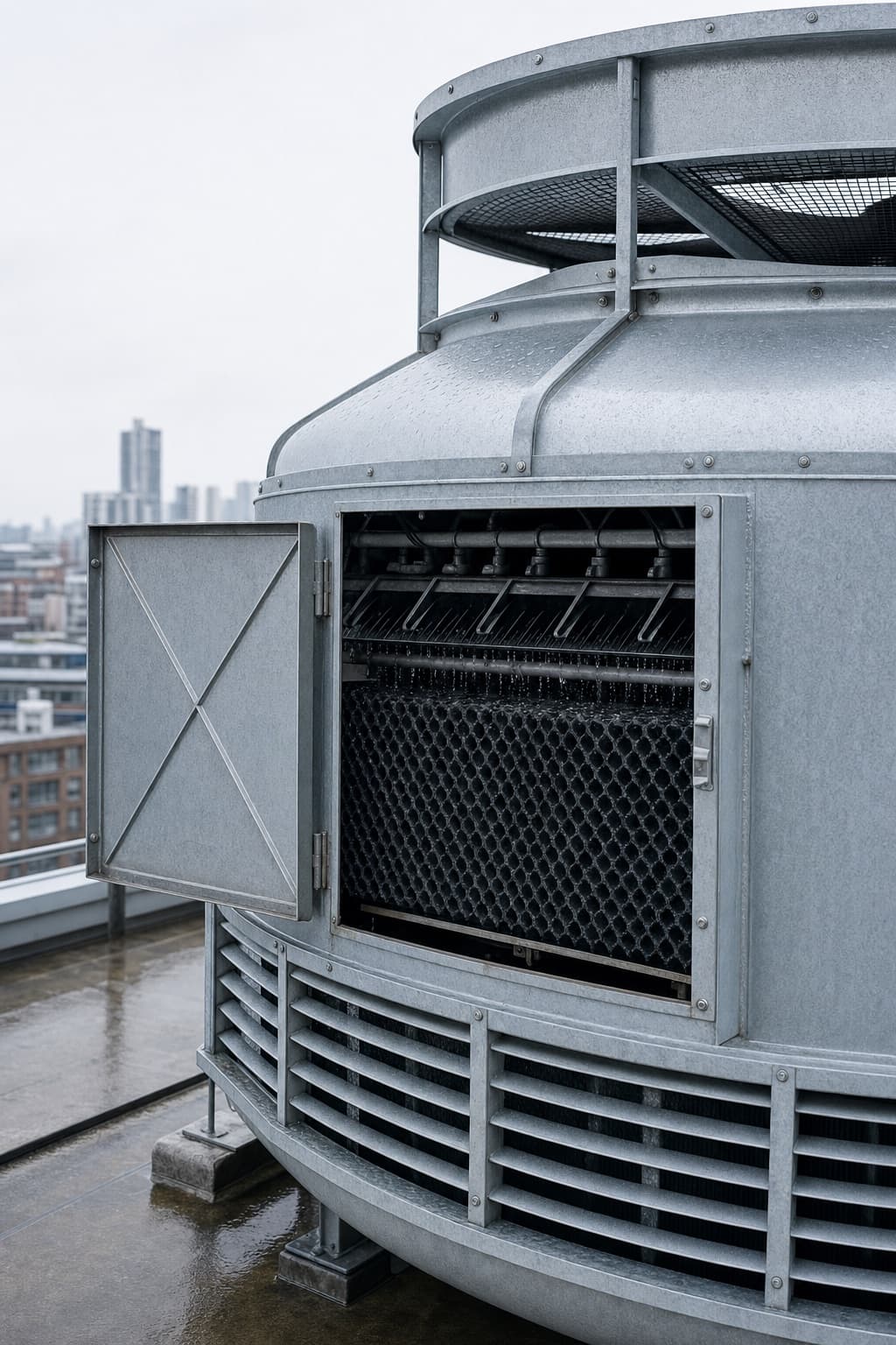 A rooftop cooling tower with its service hatch open, showing the fill pack and drift eliminators