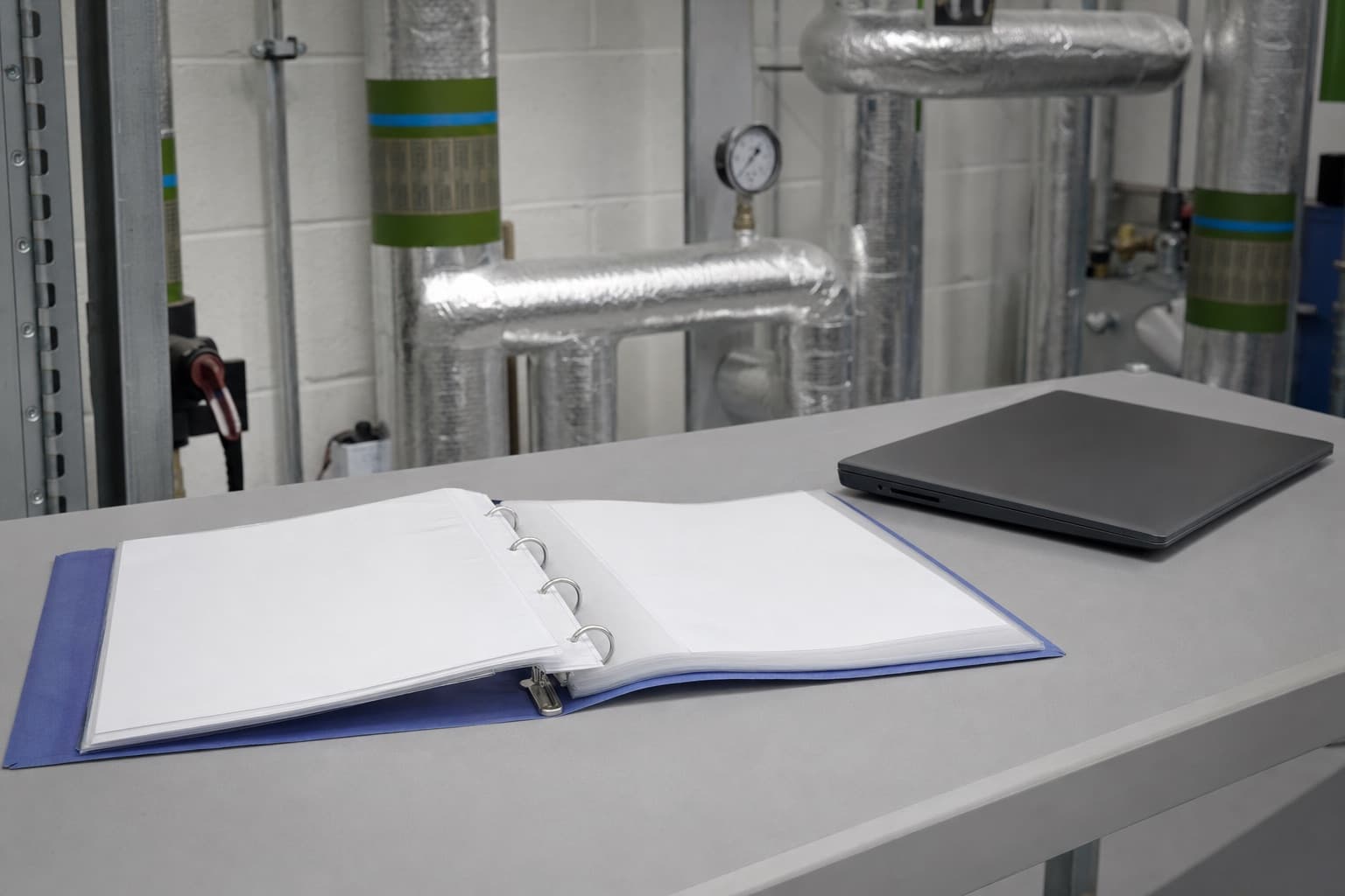 A building water management binder open on a plant-room desk beside insulated pipework