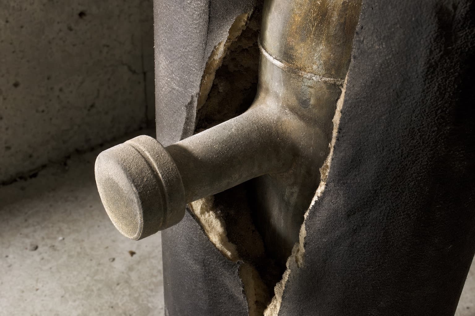 A capped dead leg branch teed off a riser, dust on the cap showing it has not been used