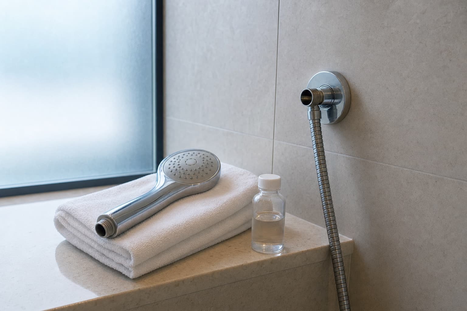 A hotel shower head removed and set on a folded towel beside a sample bottle