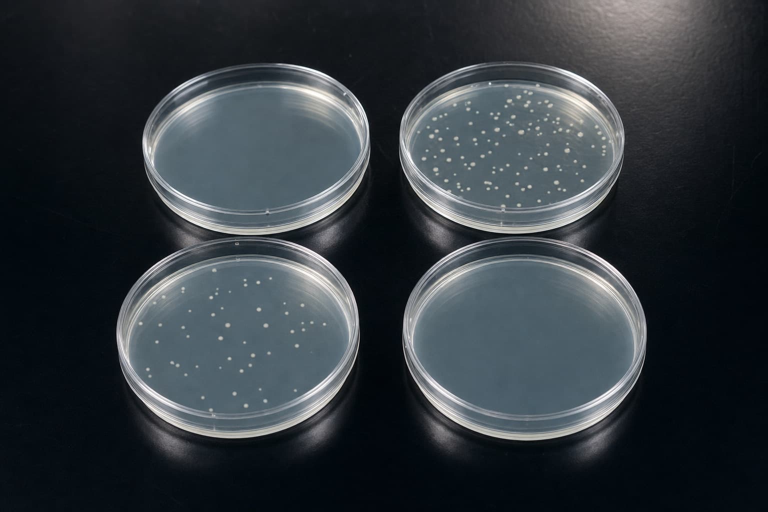 Prepared water culture plates on a dark laboratory bench, colonies visible on two of them