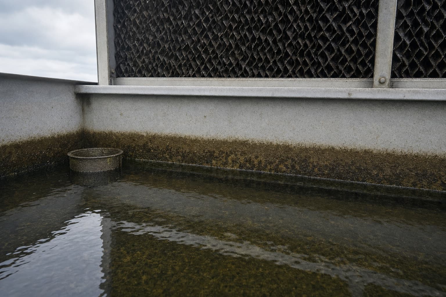 The inside of an opened cooling tower basin, biofilm visible on the wall at the waterline