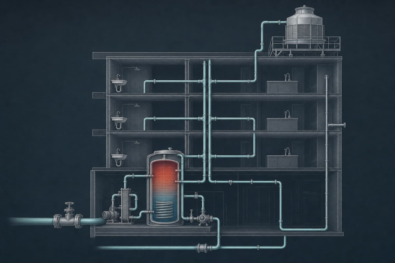A cutaway section of building pipework showing a branch line and a capped tee hidden behind the finished wall