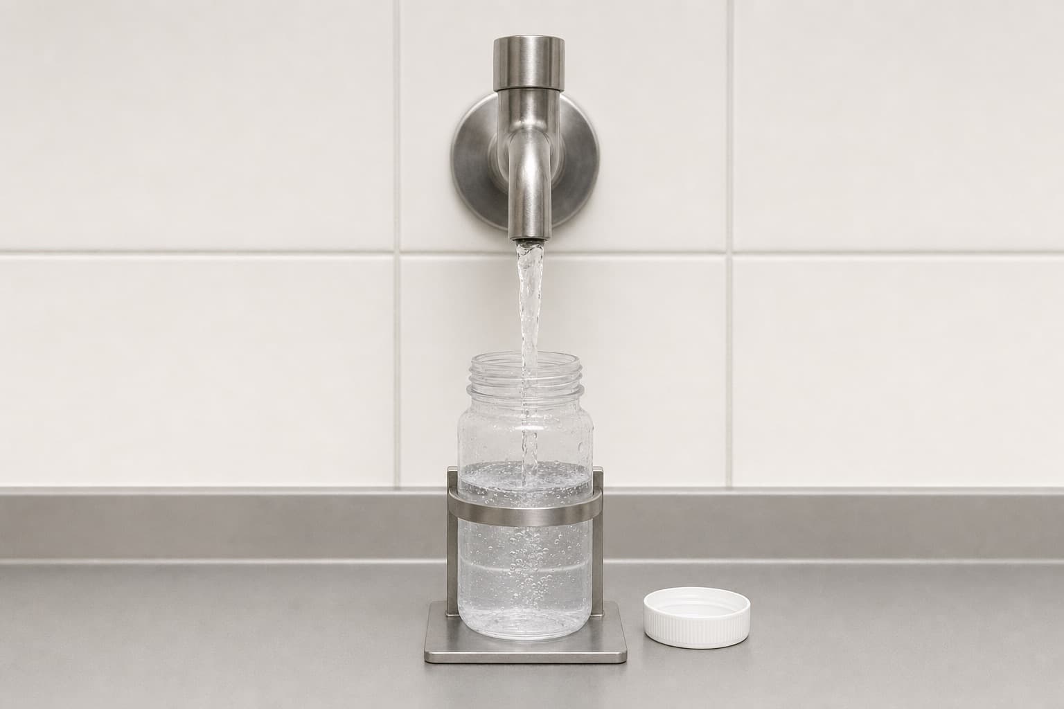 A stainless steel tap on a tiled institutional wall, a sterile sample bottle held under the running stream by a stand, its cap resting beside it