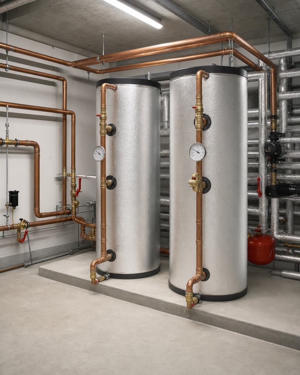 A plant room with two insulated hot water storage vessels and copper distribution pipework