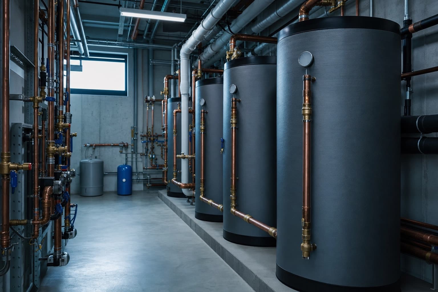 A commercial building mechanical room with a bank of insulated hot water storage tanks, copper distribution pipework with brass sampling valves and thermometers on the outlets