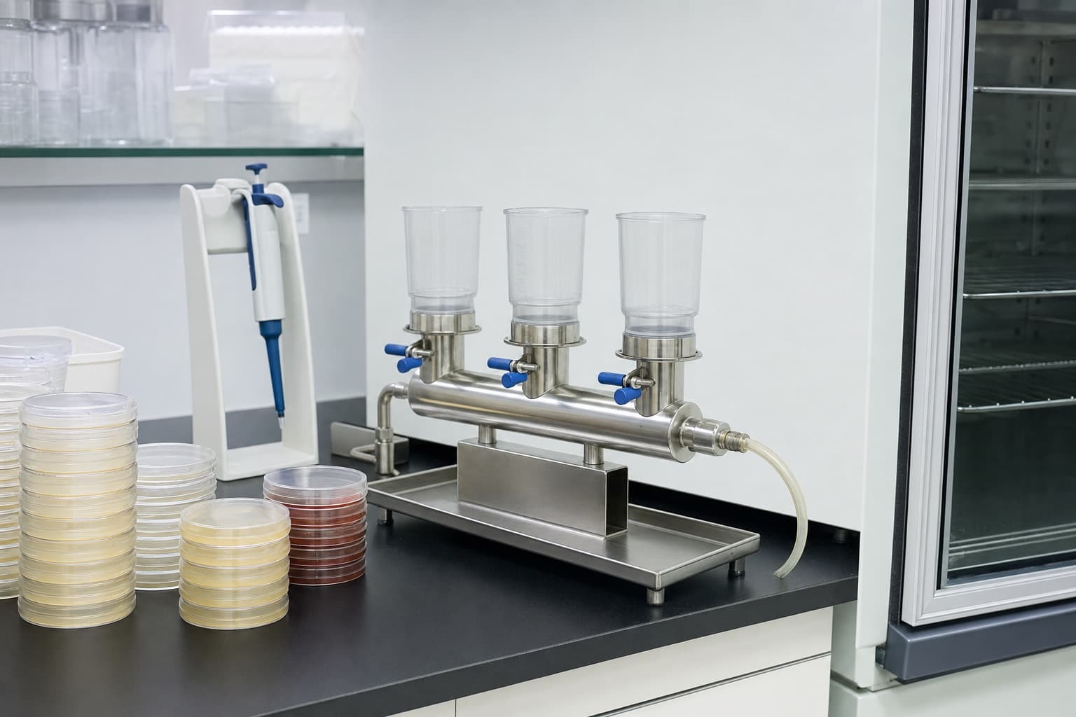 A water microbiology bench: prepared culture plates, a membrane filtration manifold and a pipette in its stand