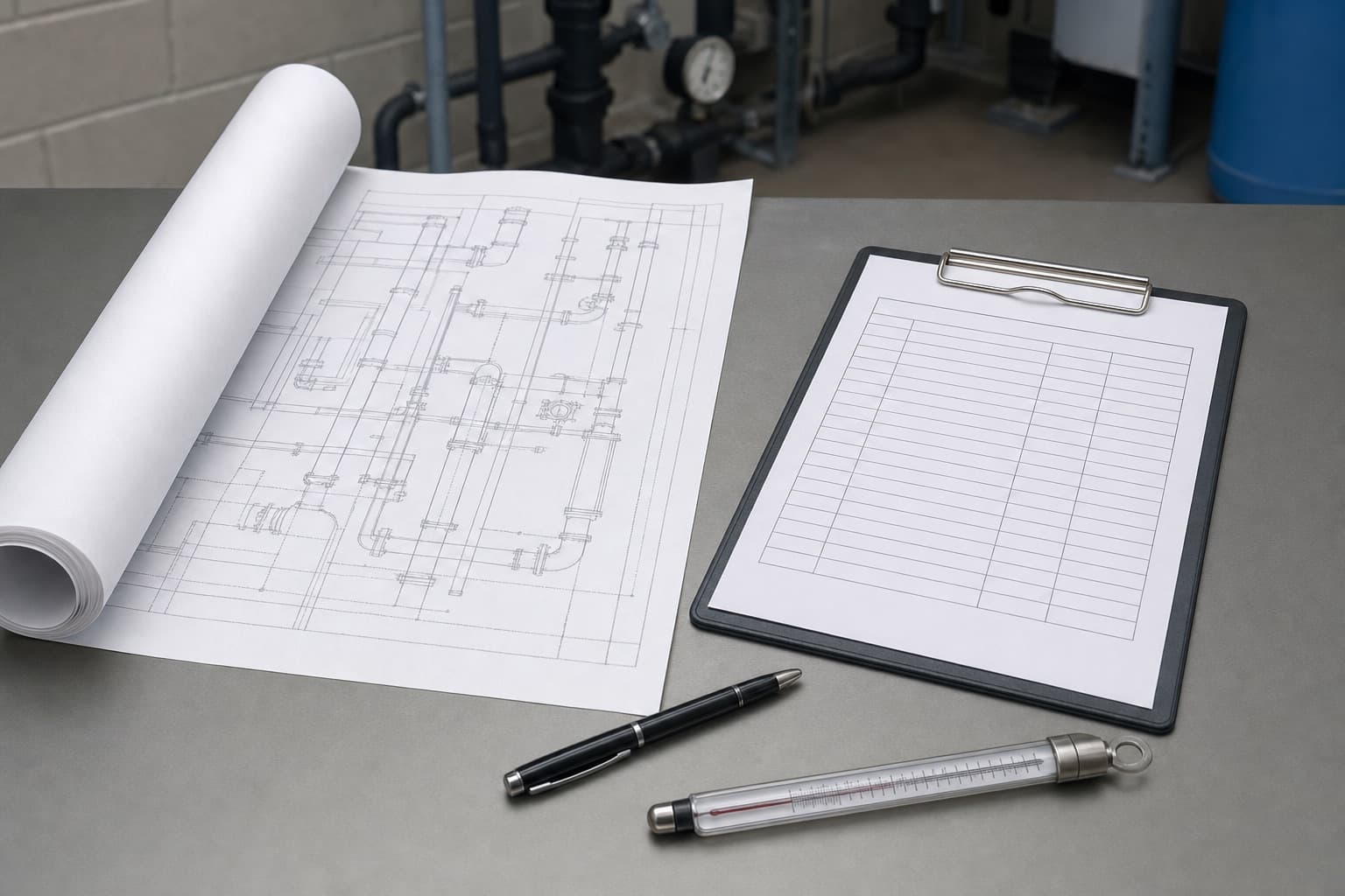 A rolled building services drawing, a blank inspection log and a thermometer on a plant-room bench