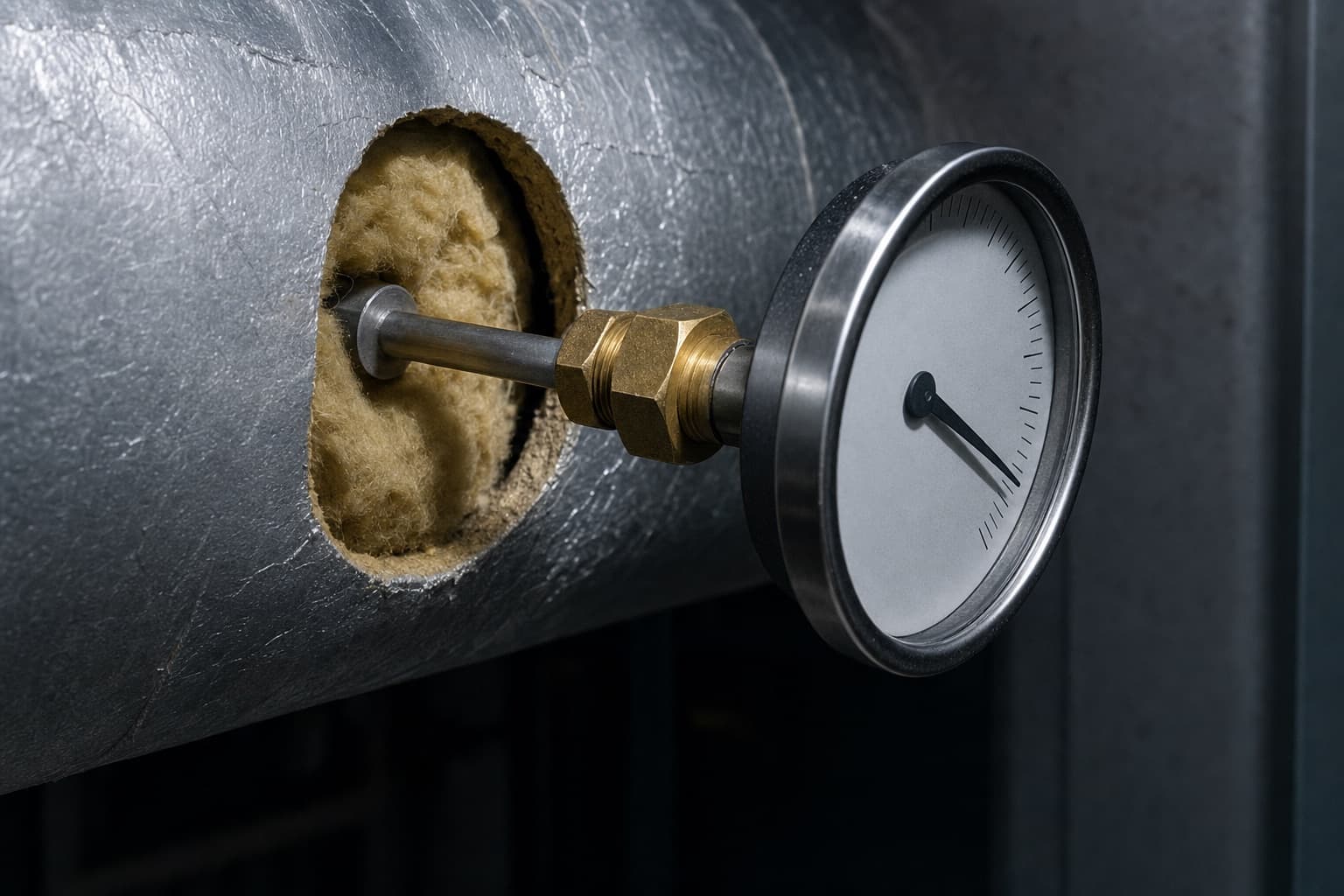 A dial thermometer inserted into a pocket on an insulated hot water pipe