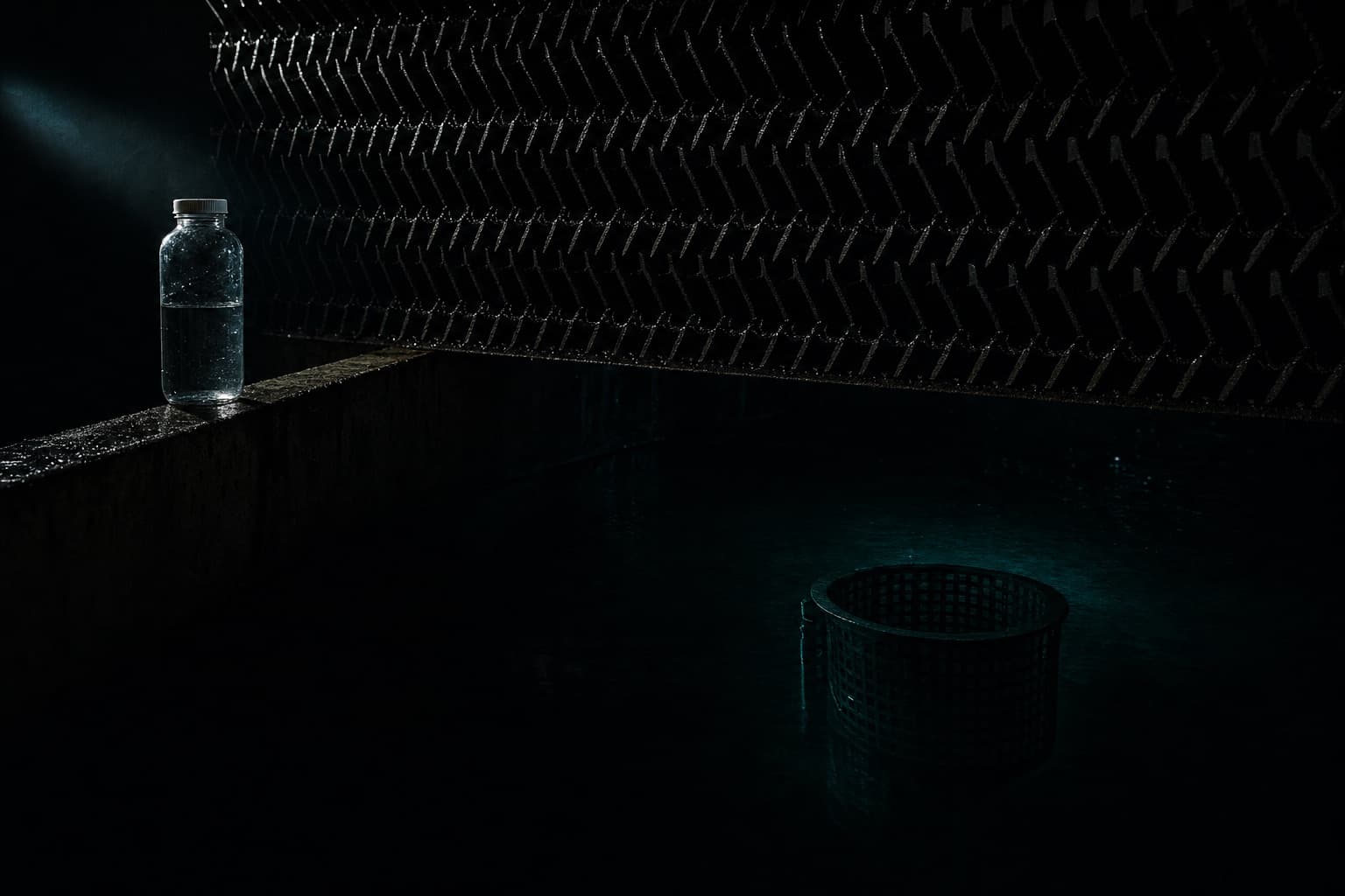 The inside of a cooling tower basin lit by a single narrow beam, its fill pack wet and a sample bottle on the basin lip